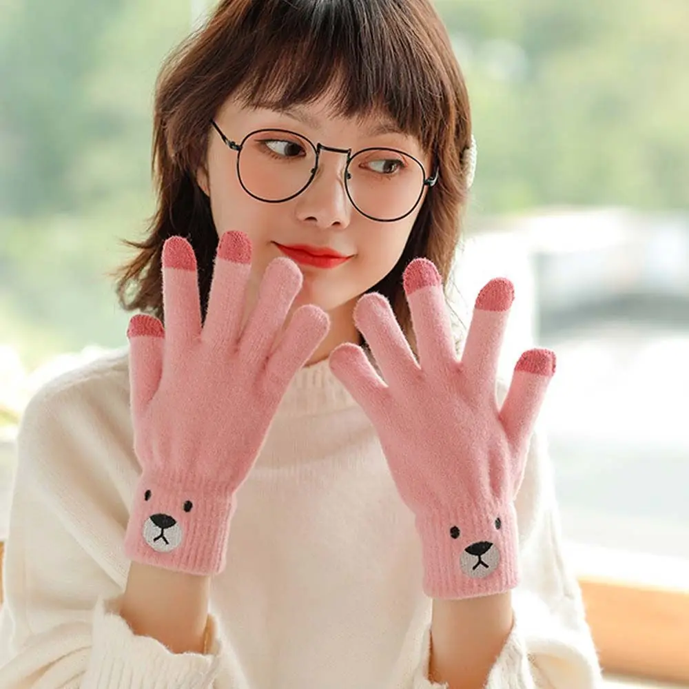 

Women Winter Touch Screen Full Finger Gloves Cute Cartoon Bear Embroidery Touch Screen Gloves Knitted Wool Mittens