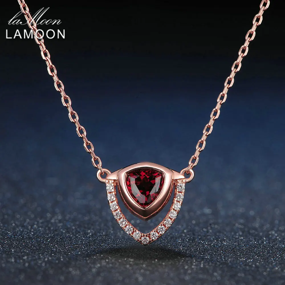 

LAMOON Triangle 5mm 0.5ct 100% Natural Red Garnet 925 Sterling Silver Jewelry Chain Pendant Necklace S925 LMNI014