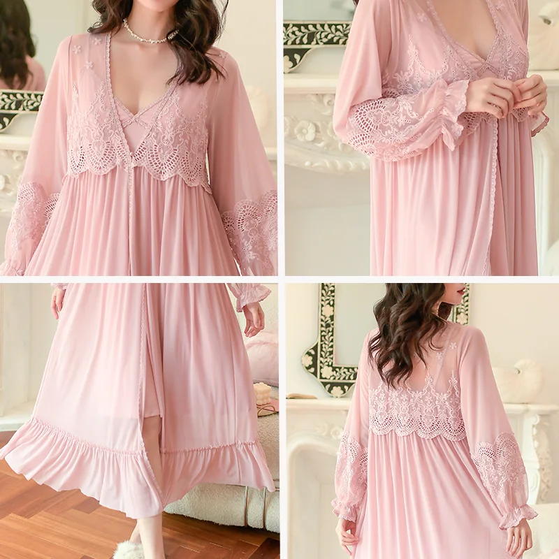 

Modal Nightgown with Chest Pad Women's Court Lace Sleeping DressTwo-Piece Set Sexy Suspender Mid-calf Solid Robes Spring New