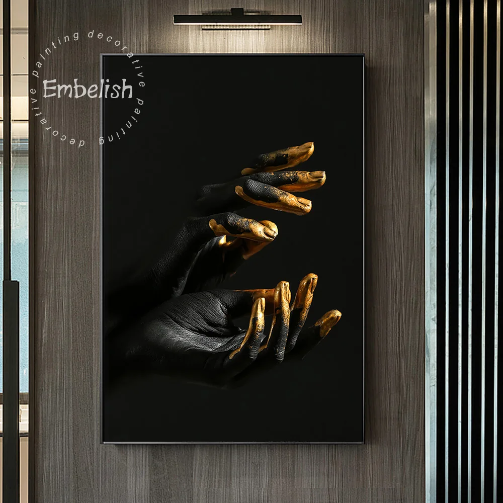

Embelish 1 Pieces Black African Woman Hands With Golden Fingers Hot HD Canvas Paintings For Living Room Home Decor Wall Pictures