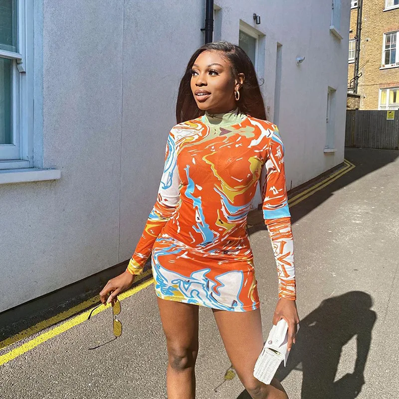 

Echoine turtleneck Print Mini Dress Long Sleeve Skinny Bodycon Sexy Party Club Dresses Streetwear Fitness Vintage Vestidos