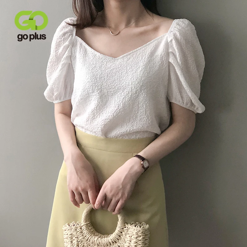 Женская винтажная блузка GOPLUS белая с квадратным вырезом и пышными рукавами в