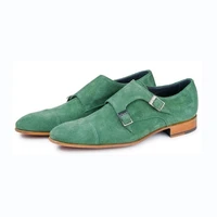 classic men fashionable green suede pointed low heel double buckle comfortable casual lefu shoes chaussure homme kg633