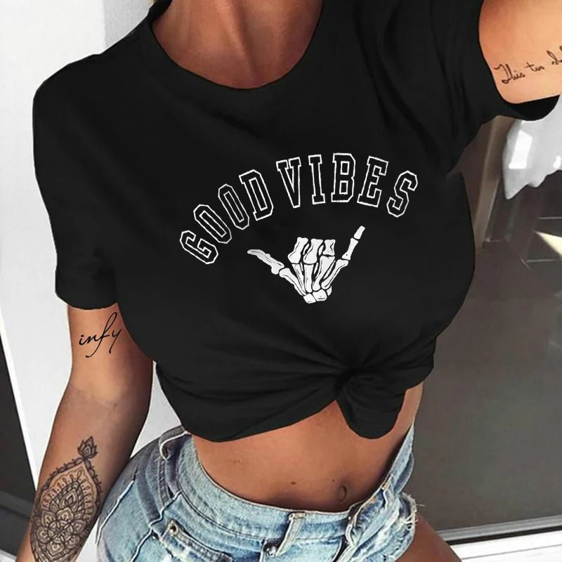 

Good Vibes 666 футболка с рисунком скелета, подарок на Хэллоуин, Tumblr Ulzzang, крутая, гранж, уличный стиль, унисекс, женские футболки, топы
