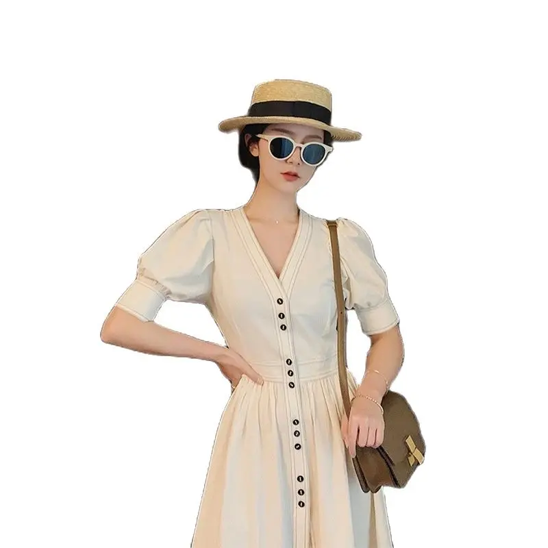 

Women's 2021 summer midlength retro high waist lantern sleeve temperament V-neck temperament waist control French dress