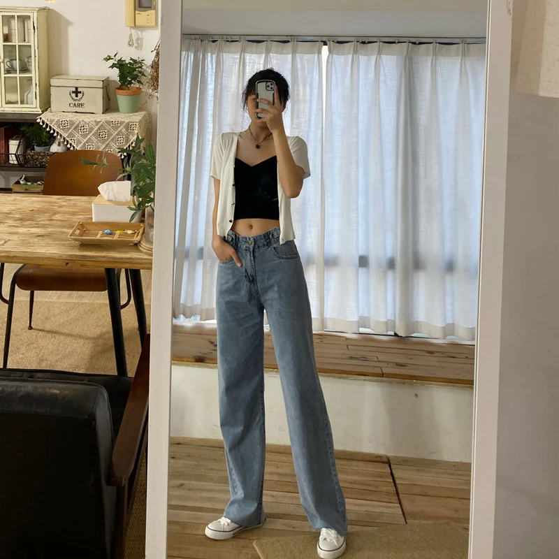 

Early autumn new Korean style loose skinny ring buckle versatile raw edge wide leg mopping jeans pants for women