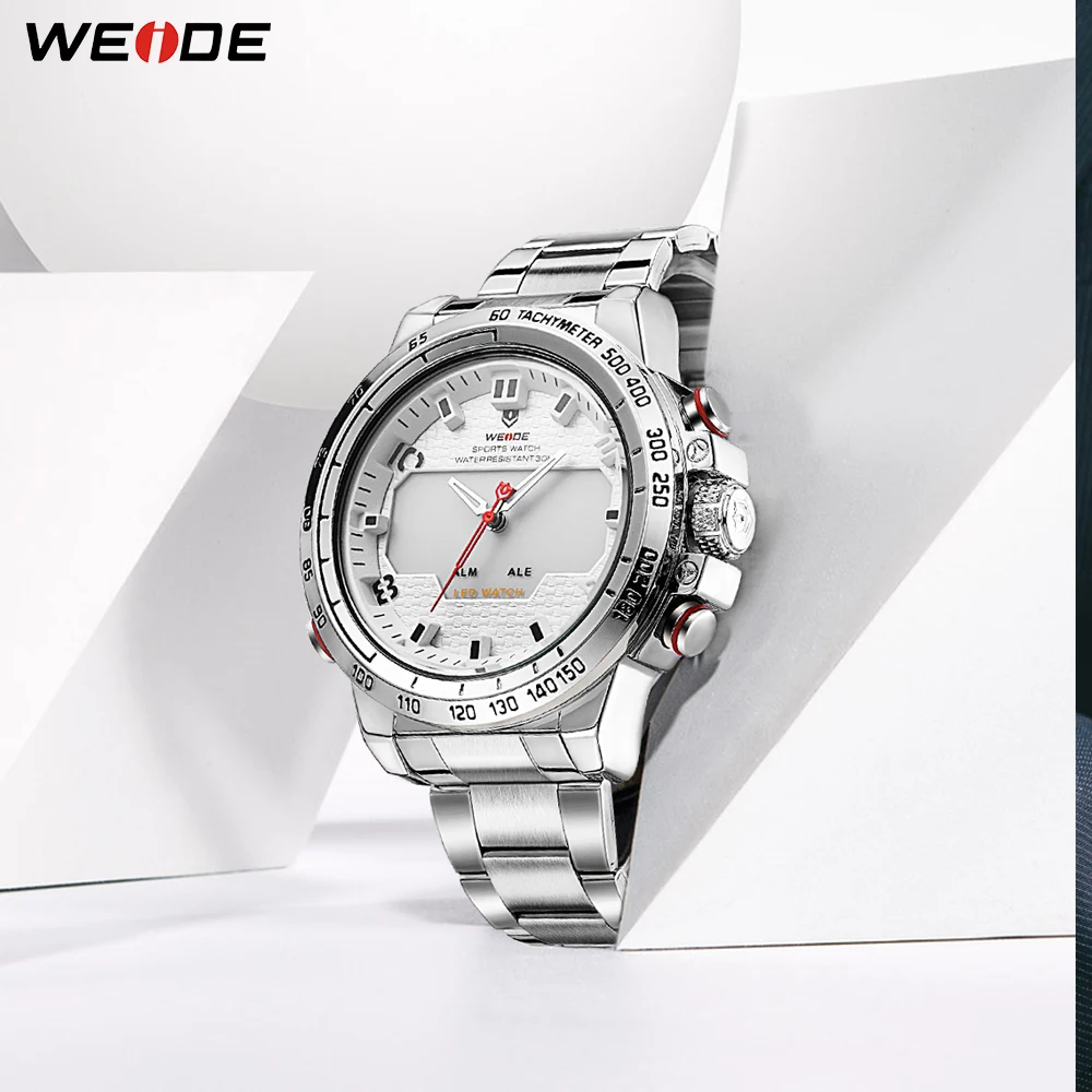 WEIDE Часы мужские LED Аналоговый двойной Дисплей сигнализации назад легкие спортивные Военное Дело часы большой циферблат Нержавеющая сталь ремешок кварцевые часы