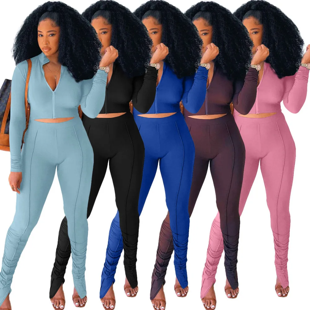 

Somoshein Gym Sport Two Piece Sets Sexy Bodycon Women Outfit Stand Collar Long Sleeve Crop Top Casual Solid Pleated Pants Suits