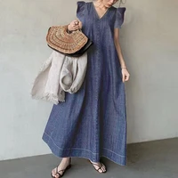 one piece denim korean fashion dress for women 2021 new summer ladies oversized casual maxi jean long dress robe femme clothes
