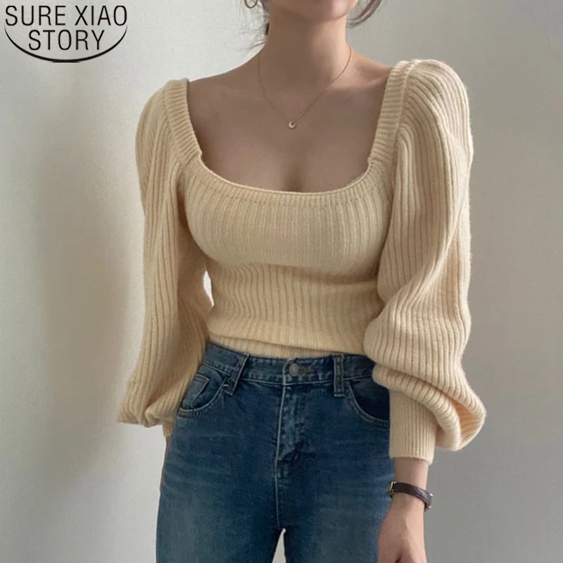 

Women Knitted Tops Solid Long Sleeve Loose Sweaters Sweet Square Collar Sweaters Women Temperament Puff Sleeve Sweater 16141