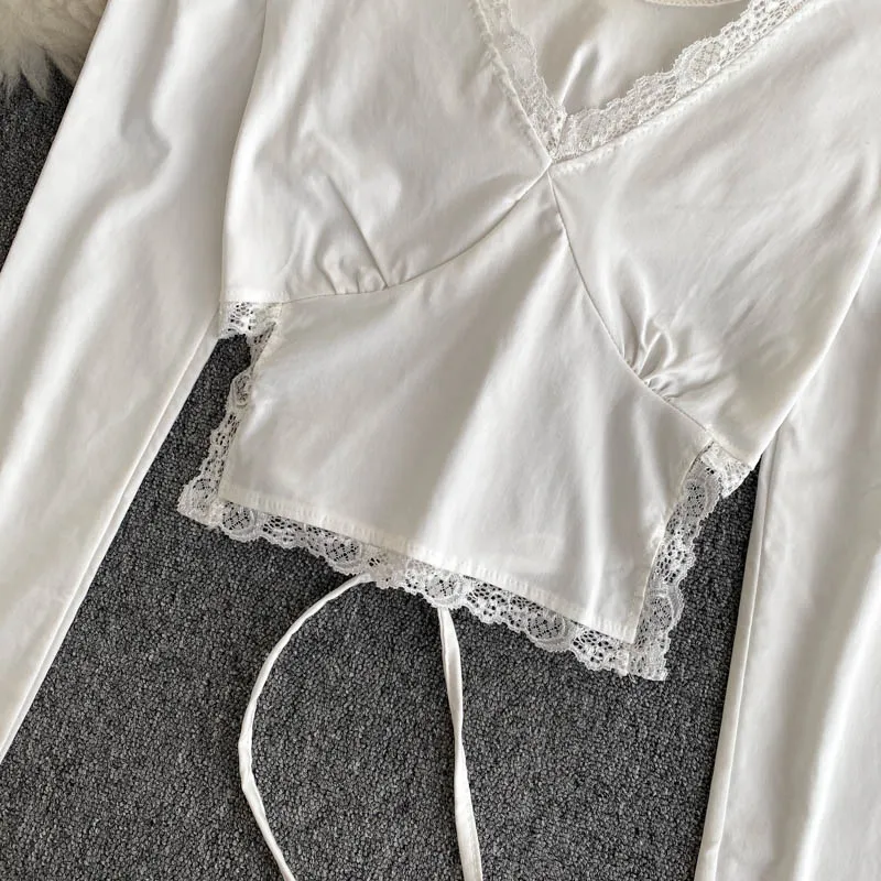 Женский кружевной топ с v-образным вырезом и длинным рукавом | Женская одежда
