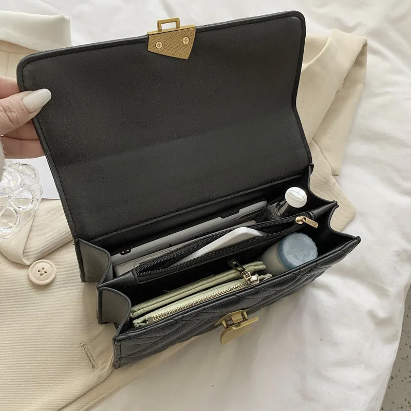 

Thread Square Bag for Women's Classic Lock PU Leather Shoulder Bag with Chain Lady Solid Color Crossbody Handbag Casual Bags Sac