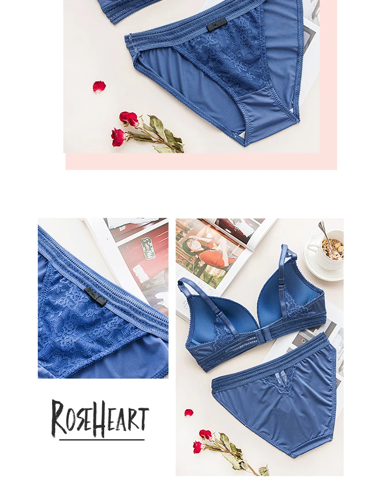 Roseheart, новинка, женская мода, синий, серый, сексуальное белье, беспроводной бюстгальтер, наборы, кружевная отделка, регулируемые лямки, хлопковые трусики на косточках