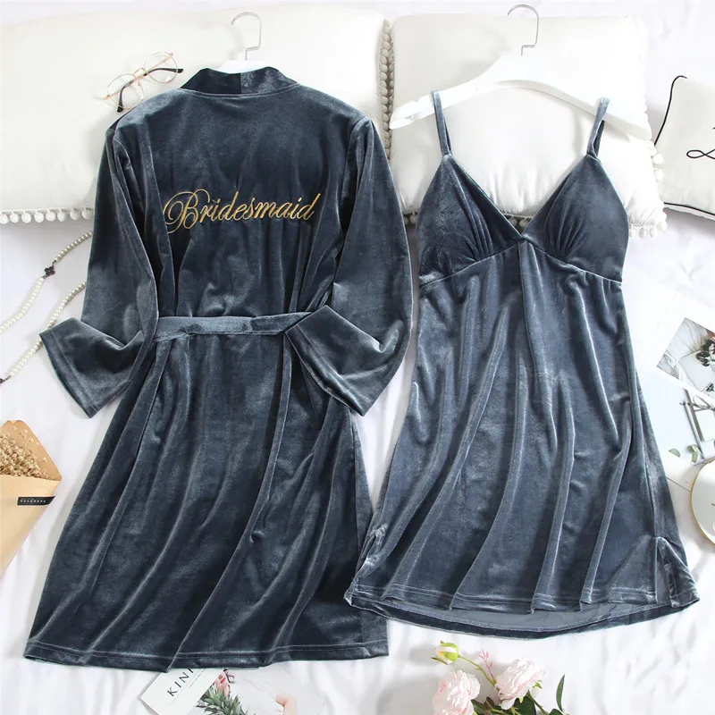 

Women 2PCS Sling Nightdress Nightgown Robe Set Sexy Embroidery Letter Kimono Bathrobe Bride Dressing Gown Velour Autumn Homewear