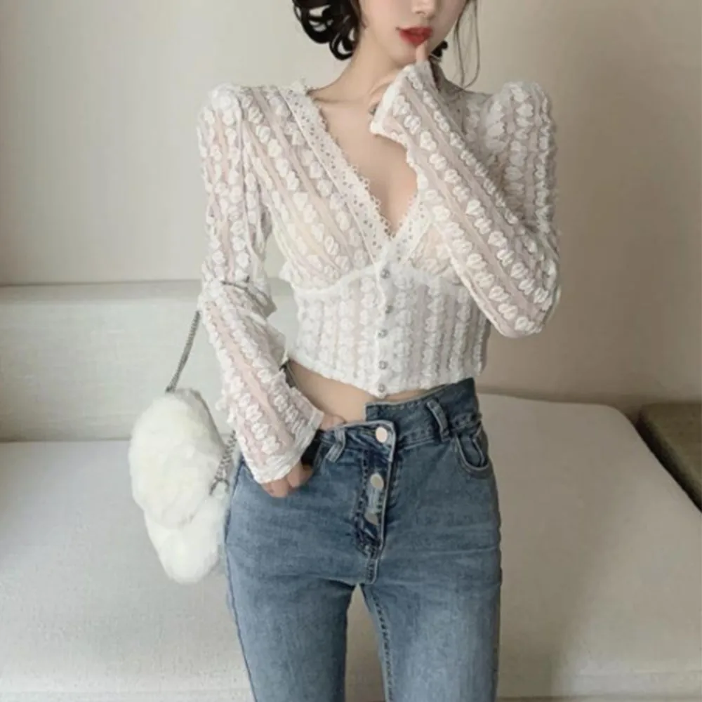 

Lace All-Match Single Breasted Cardigan Short Sleeve Sweet Sexy V Neck Jacquard Elegant Office Lady Cardigan Blouse Shirt Top