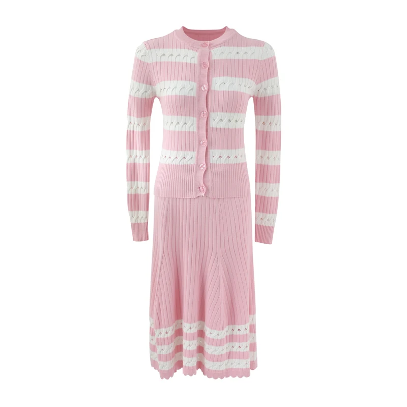 

2019 Autumn Fashion Cardgian Suits Women Color Block Knitted Cardigan Sweater+Mid-Calf Length Pink Skirt Set Casual Knit Wear