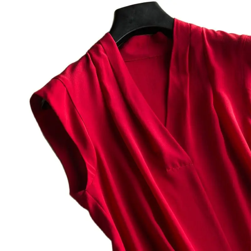 Женская Весенняя рубашка из 100% шелка с v образным вырезом без рукавов летняя