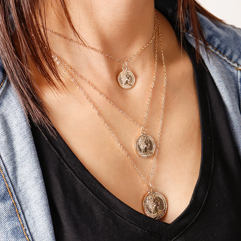 

Multi-Layer Portrait Coin Pendants Necklaces for Women Gold Silver Color Chain Necklaces Mujer Jewelry Collier Accessories