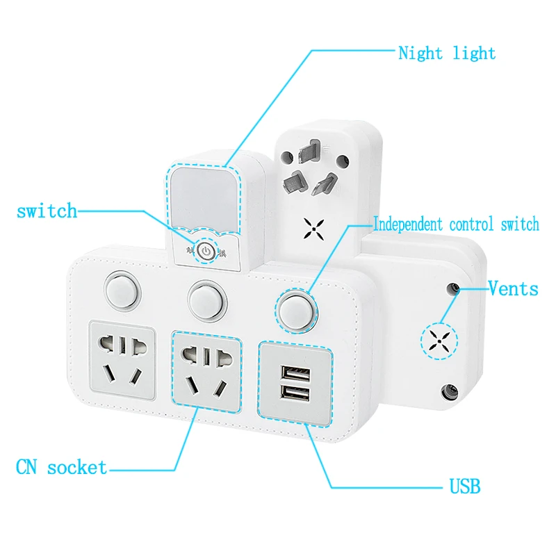power strip converter portable travel home office adapter socket with night light 2usb port individual switche 1 2 3 4ac outlet free global shipping