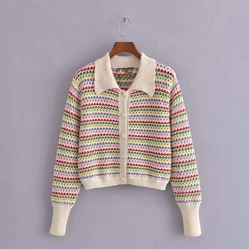 

ZA 2021 early autumn new women's clothing fashion all-match Sweet Hollow cardigan multicolor rainbow striped sweater