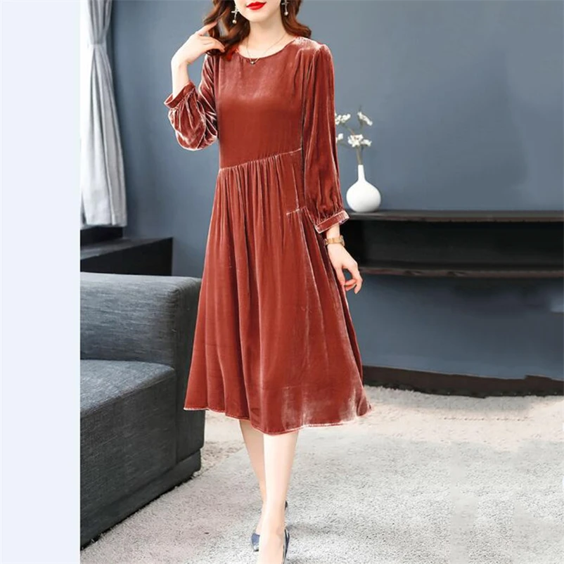 

Three Quarter Sleeve Loose A-Line Long Dress Women 2021 Autumn Ruffles Elegant Fashion Velour Dress Casual Vestidos