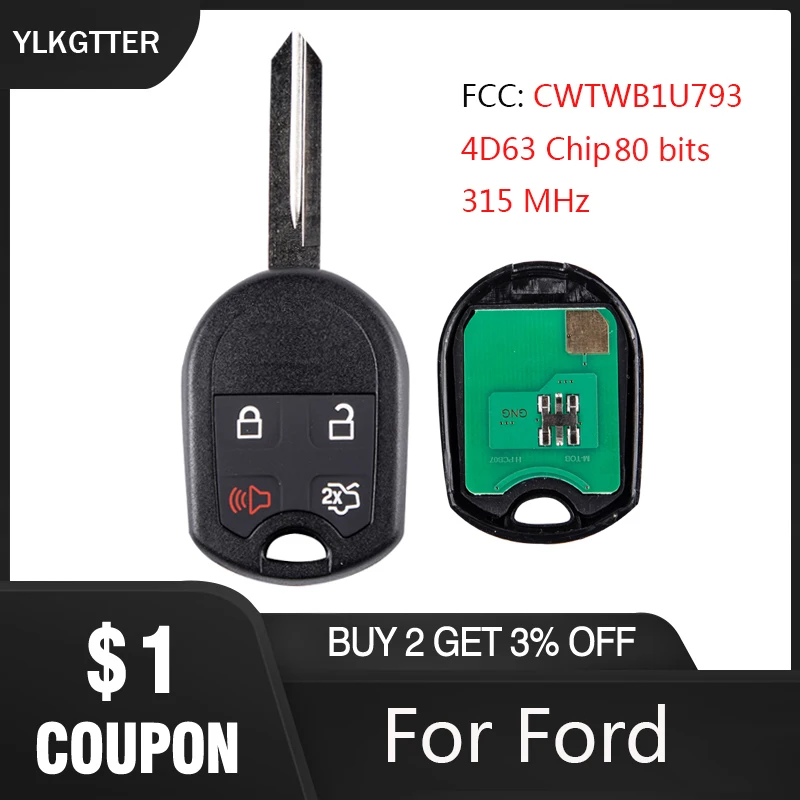 YLKGTTER 4 Button Remote Key for Ford Mustan Explorer Edge Escape Expedition Flex Fusion Taurus with 315MHz Chip 4D63 80bits | Автомобили
