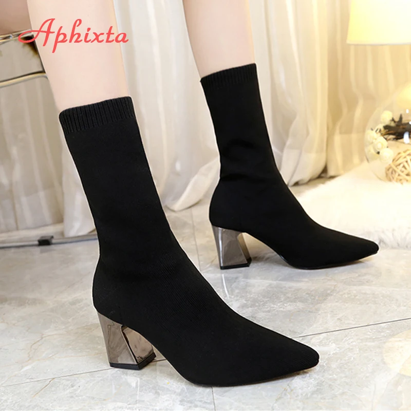 Aphixta Metal Color 7cm Square Heels Socks Boots Women Big Size 43 Stretch Fabric Elastic Pointed Toe Shoes Ankle Boot Woman