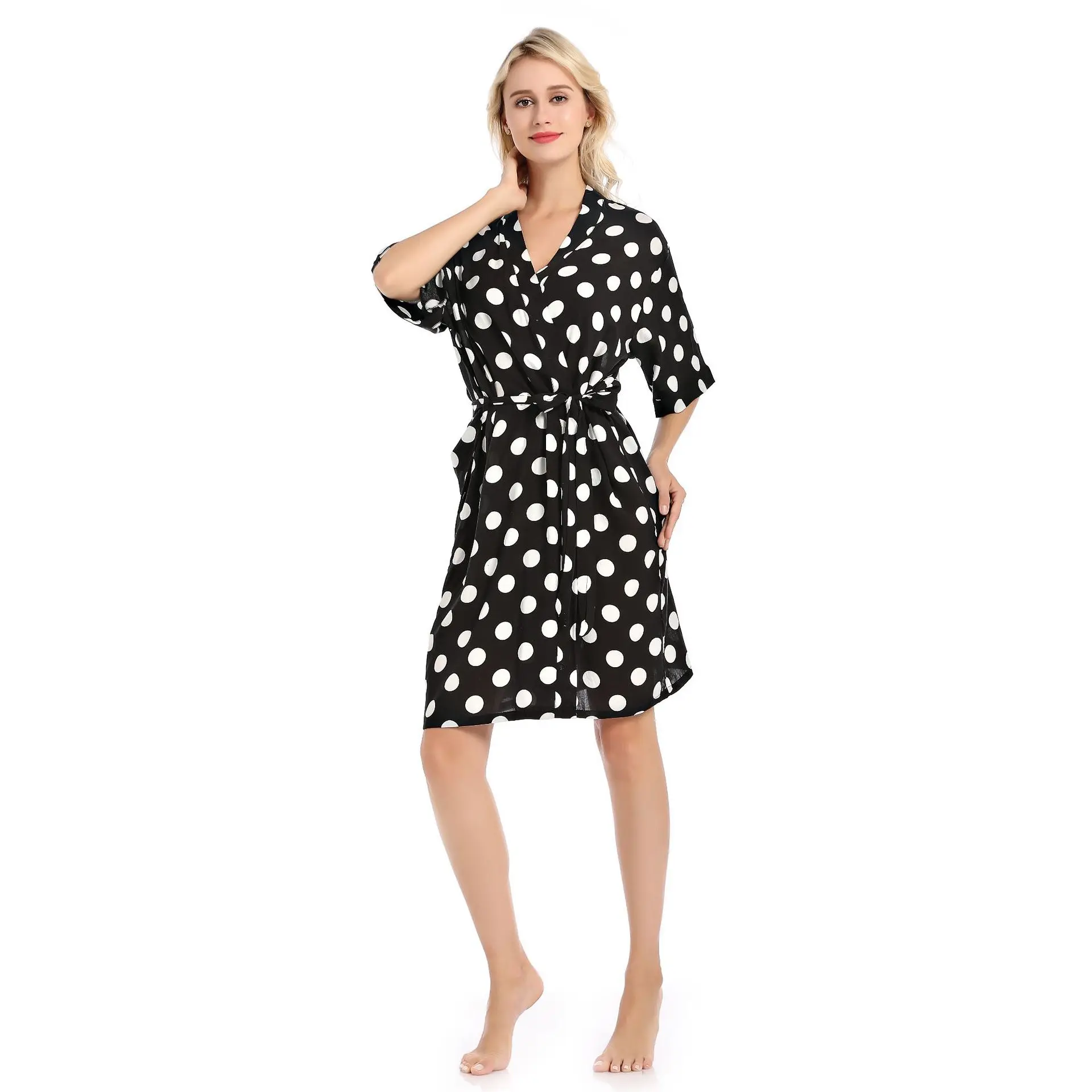 

Robe Femme Dots Bridesmaid Robes for Women Sexy Black Kimono Bridesmaid Gift Sleep Wear Sleepwear Bathrobe Women Cotton Spa Soft