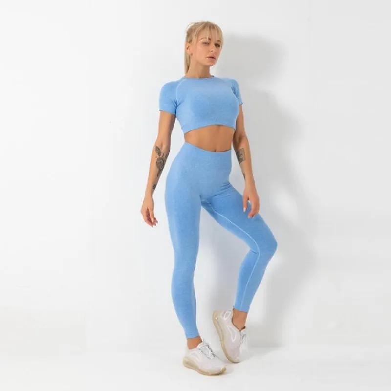 

Seamless 2pcs/Set Women Vital Yoga Set Workout Shirts Sport Pants Gym Clothing Short Crop Top High Waist Running Leggings Set