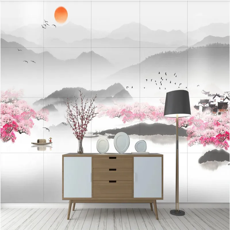 Китайская чернильная живопись фотобумага Цзяннань весна персик цветы река