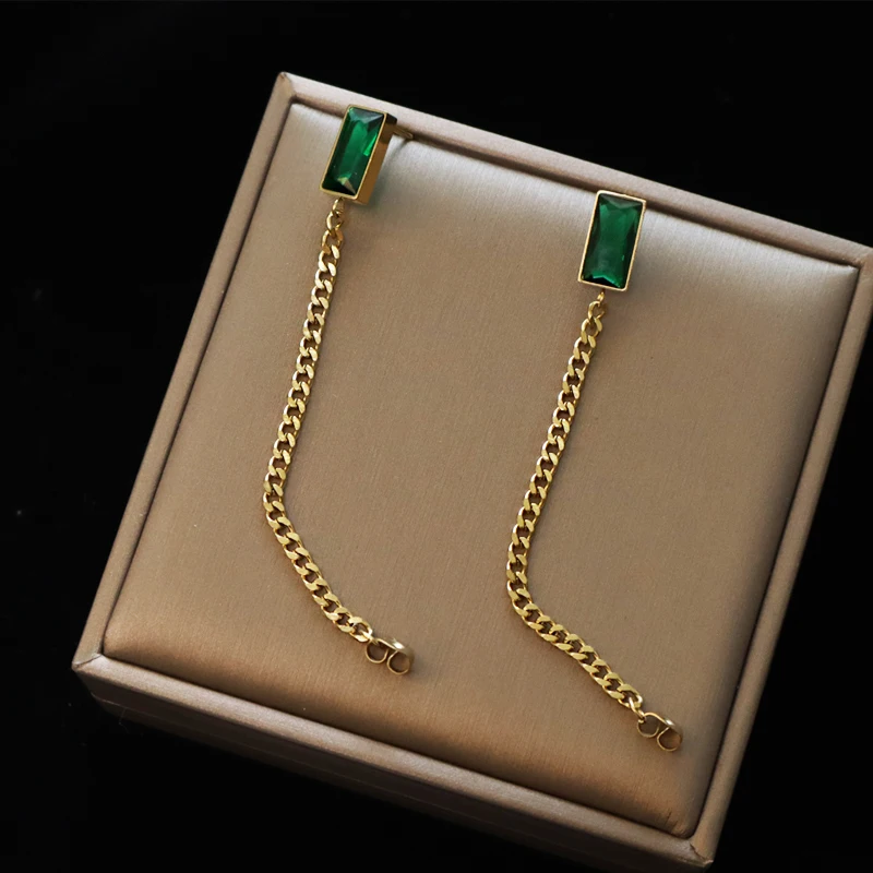 

Korean Fashion Titanium Steel chunky Green Crystal Earring for Women High Quality Bling Earring