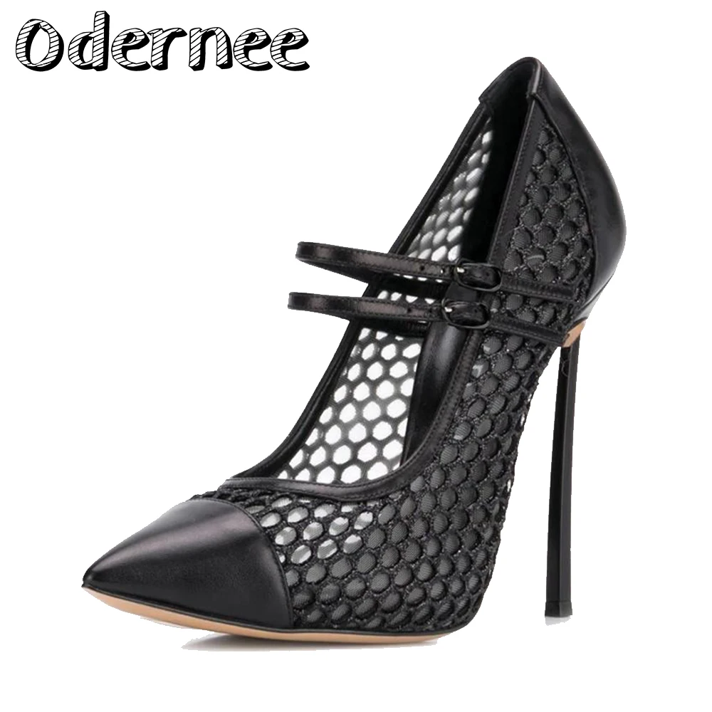 

ODERNEE Women's Pointed Toe Fashion Thin Heels Mesh Pumps Shoes Woman Party Shoes Woman's Sandals Big Size US5~US15