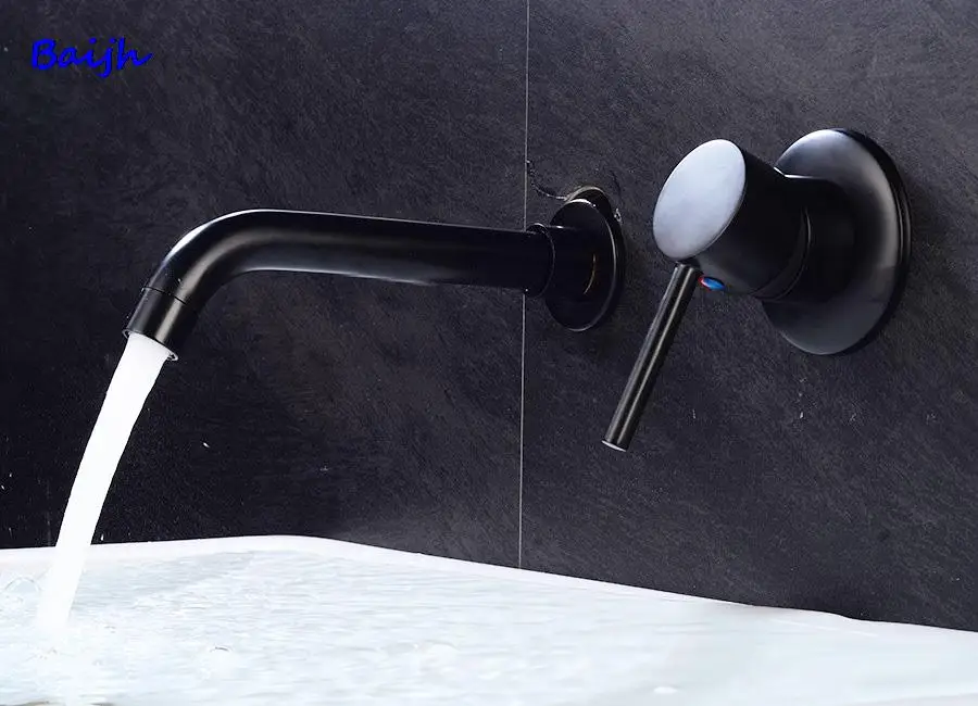 

Bathroom Wash Basin Faucet Wall Mount Brass Matt Black Sink Tap Hot And Cold Water Swivel Spout Bath With Single Handle