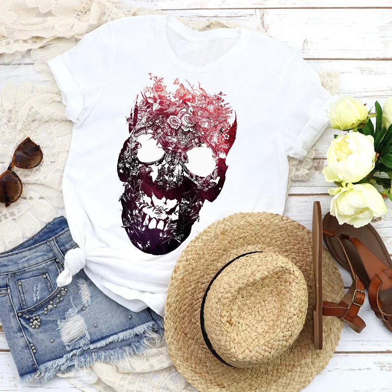 Женские модные футболки с цветочным принтом и графическим в виде черепа ужасов