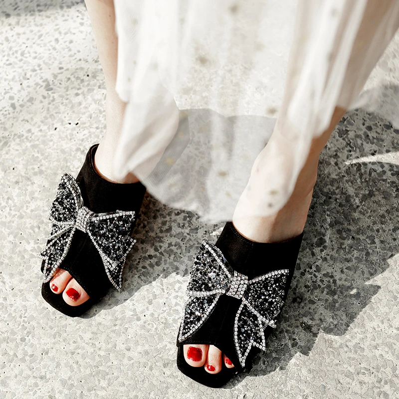 

MStacchi Temperament Slippers Women Suede Butterfly-Knot Solid Color Crude Heel Shoes 2021 Outdoor Lightweight Party Shoes Mujer