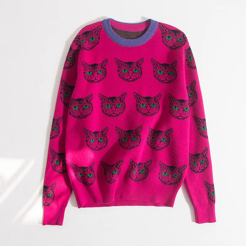 

High Quality Runway Designer Cat Print Knitted Sweaters Pullovers Women Autumn Winter Long Sleeve Harajuku Sweet Jumper