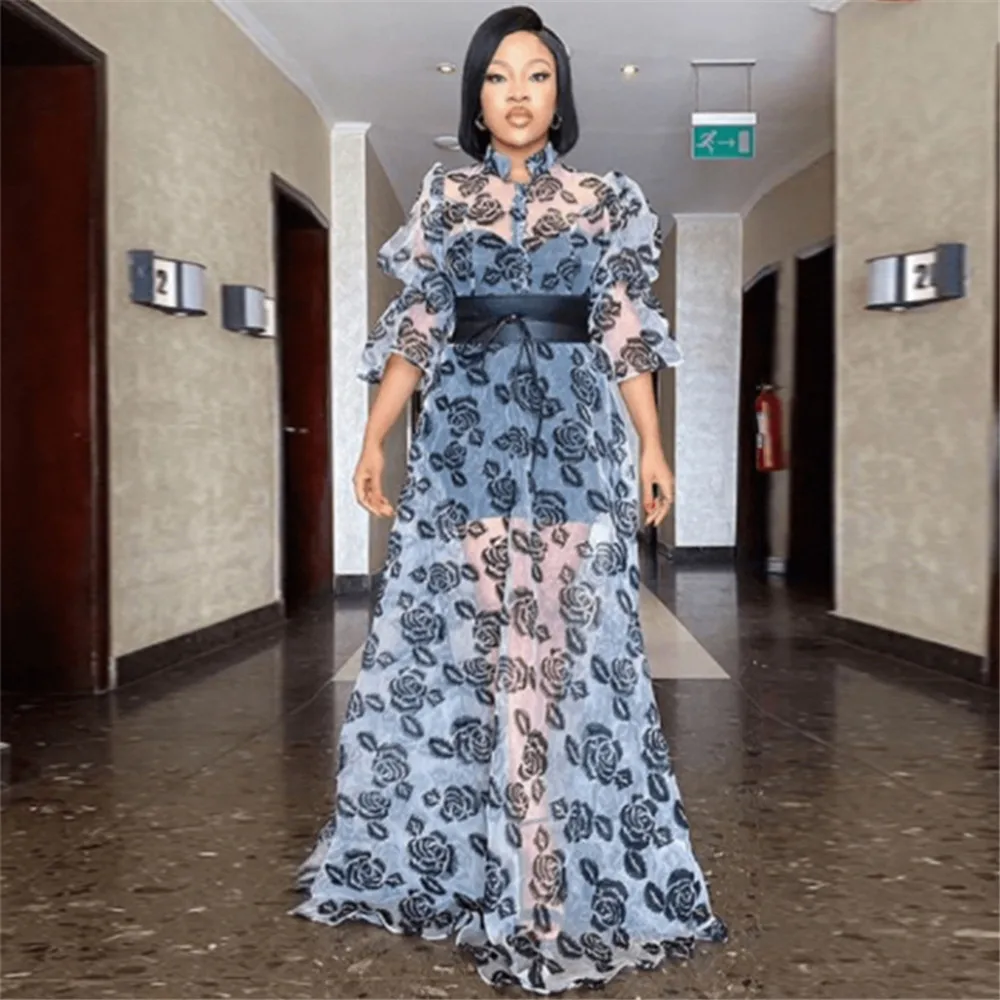 

Женское платье с синим принтом, простое темпераментное платье с высокой талией, женская одежда в африканском стиле, модные вечерние платья ...