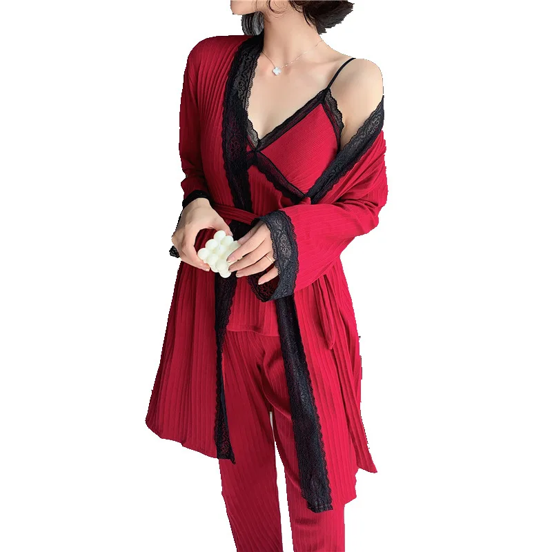 

Autumn Winter Long-Sleeved Pajamas Women'S Lace Pajamas Home Service Three-Piece Sexy Sling Pyjamas Babydoll Lingerie Sleepwear