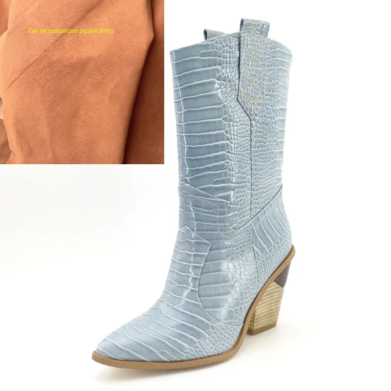blue in pigskin Модные женские ботильоны из тисненой микрофибры; ковбойские ботинки с острым носком в западном стиле; женские ботинки до середины икры на массивной танкетке; Подиумные - Цвет: blue in pigskin