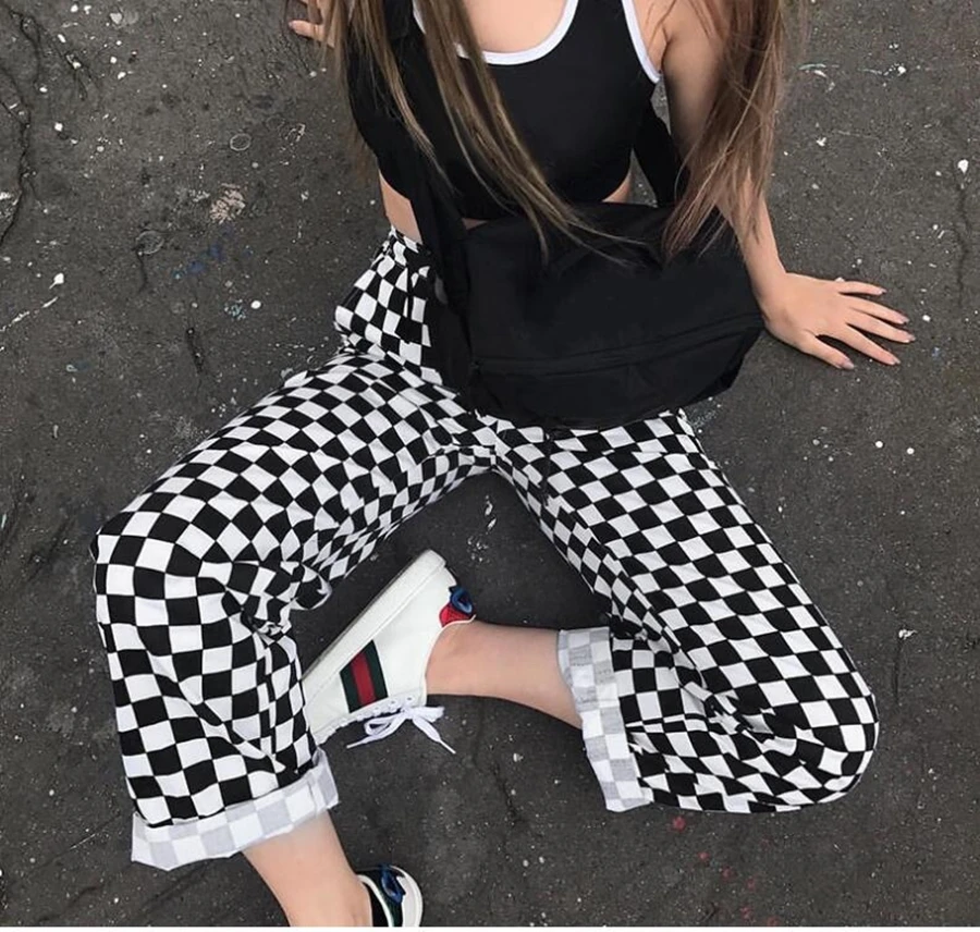 Брюки женские клетчатые прямые с завышенной талией свободные спортивные штаны в