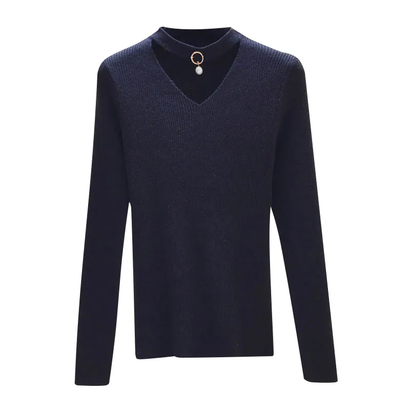 

Crochet Pearl V-Neck Stretchy Knitted Sweaters Pullovers Elegant Women Sweater Long Sleeve Slim Pull Femme Forextolux 2020 Sexy