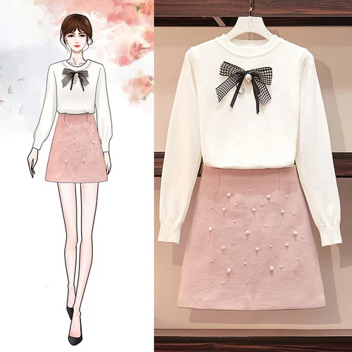 2019 осень милый костюм Колледж жакета и лосин объемный свитер с бантом + бисером