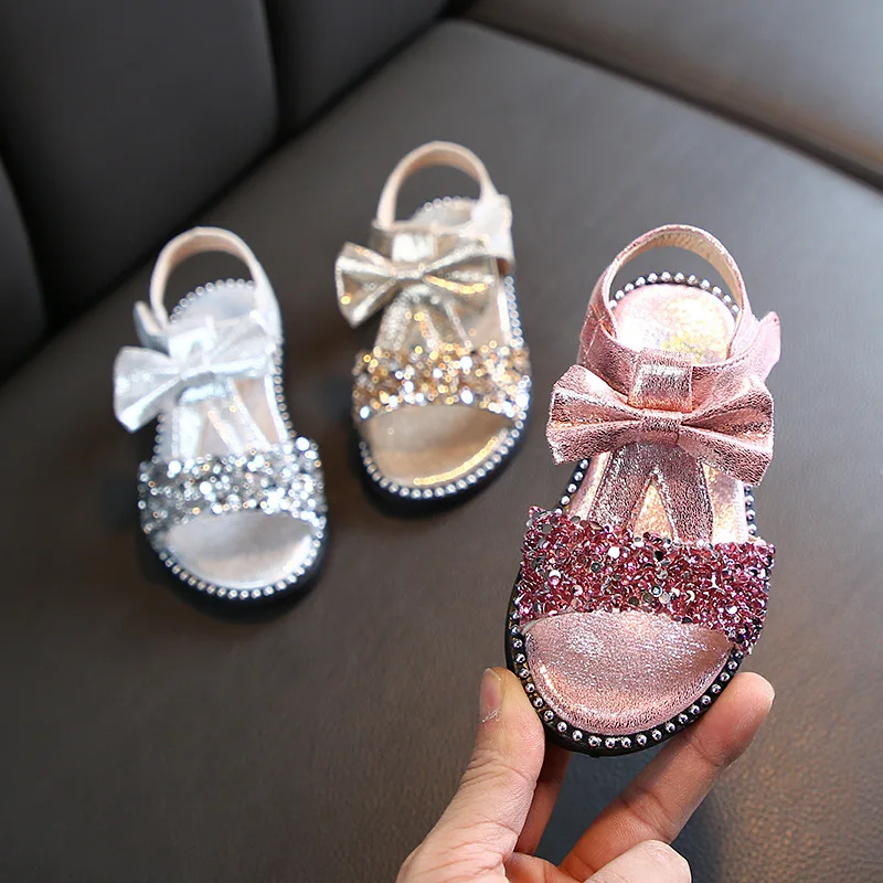 

1-6 Years Toddler Princess Fashion Sequin Bow Child Beach Shoes Kids 2021 Baby PU Leather Flat Sandals For Summer Little Girls