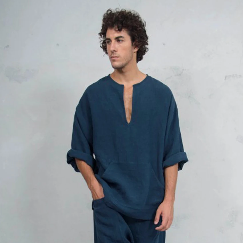 Blue t-shirt Египетская Саудовская Арабская мужская летняя льняная футболка средневековый Викинг пират рейнджер Косплей костюмы среднего возраста свободные топы с длинным рукавом Туника - Цвет: Blue t-shirt