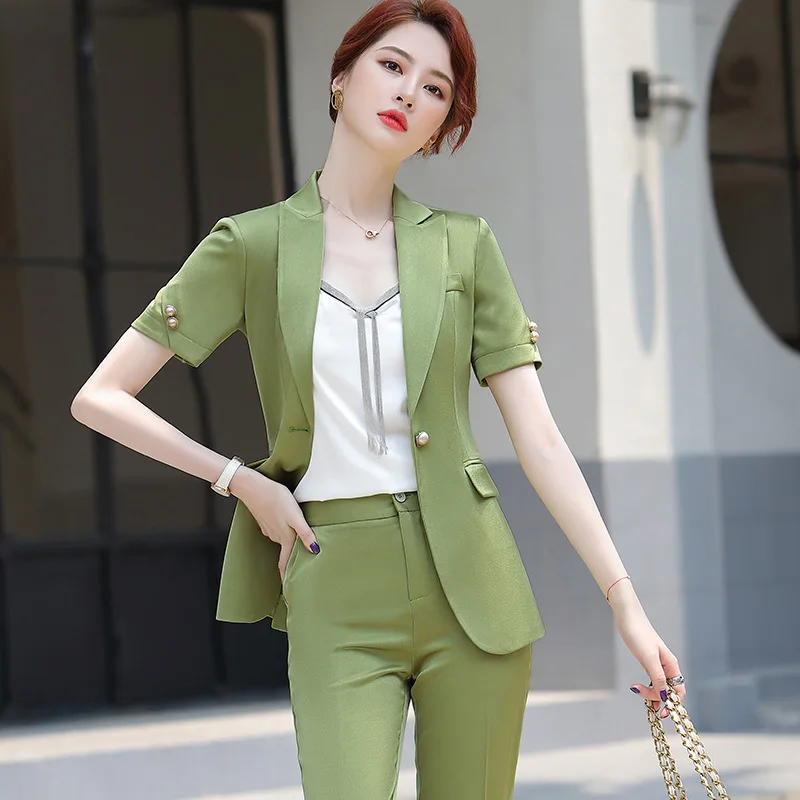 

IZICFLY new summer style green pant suits for women work wear office Business OL Trouser and blazer two piece set pink
