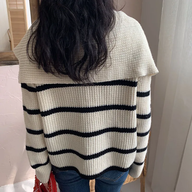 

Autumn Winter Women Sweater Korean Hit Color Striped Causal Knitted Cardigan Long Sleeve Turn Down Collar Knitwear Outerwear
