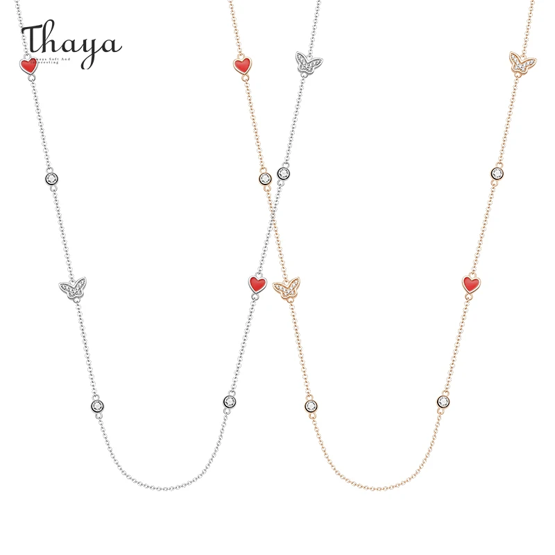 

Thaya Original Design Silver Color Long 80cm Necklace Heart Shape Enamel Rose Gold Chain Pendant Fine Jewelry For Women Gift