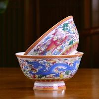 jingdezhen ceramic eating bowl high foot anti scalding bowl chinese bowl soup bowl antique dragon and phoenix bowl longevity bow