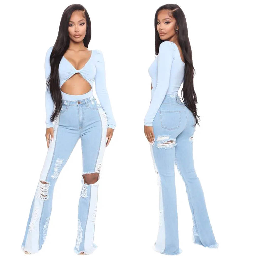 

Женские джинсы-клеш, длинные брюки, модные трендовые облегающие эластичные рваные брюки с прострочкой, Новое поступление осенних дамских д...