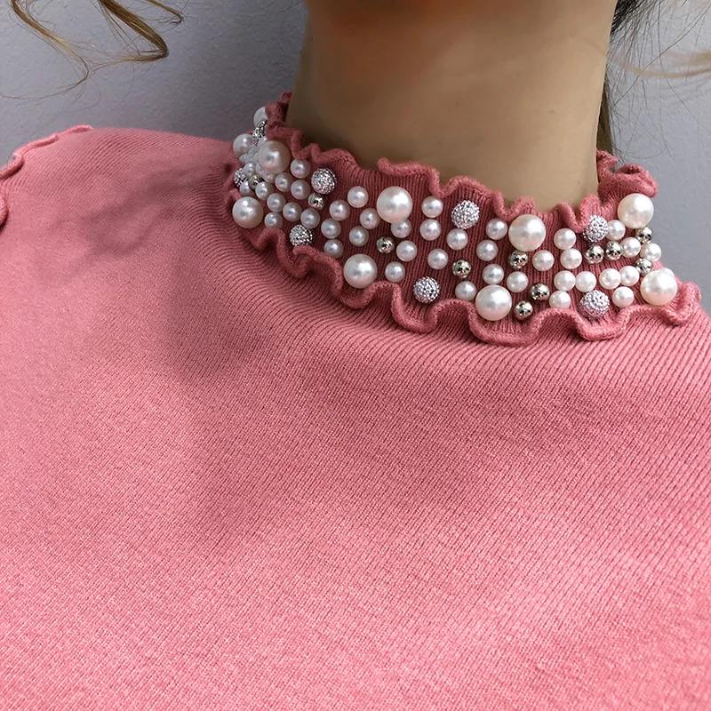 

#1213 Basic Sweaters Women Mock Neck With Pearls Sexy Casual Woman Sweater Pullovers Long Sleeve Sexy Thin Knitted Sweater Slim